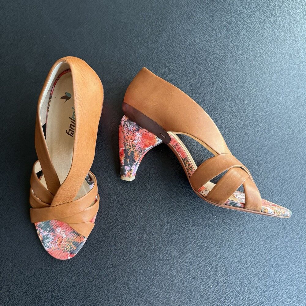 Faryl Robin Leather Heels Women’s 8.5 Brown Criss Cross Floral Heel Open Toe
